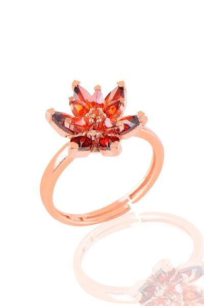 925 Ayar Gümüş Yüzük Özel Işıklı Mücevher Kutulu Kırmızı Taşlı Nilüfer Lotus Çiçeği Yüzük - Doğum Günü Hediyesi SGTL13347KIRMIZI