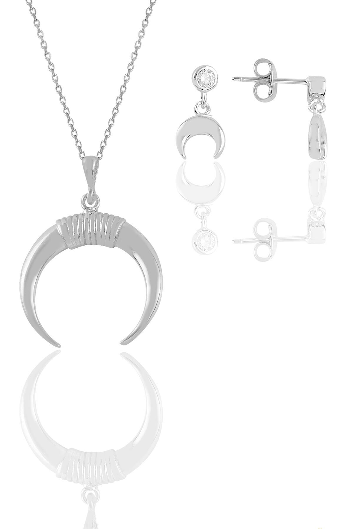 Gümüş rodyumlu ters hilal kolye ve küpe ikili set SGTL11669RODAJ