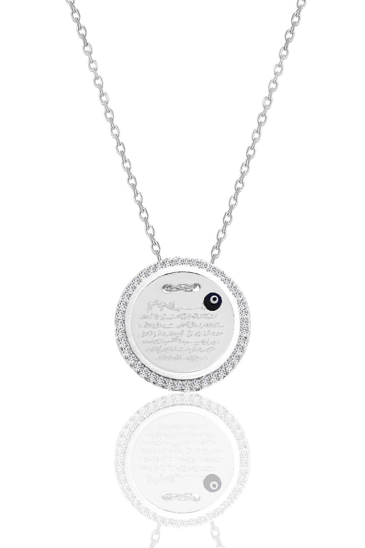 Gümüş rodyumlu zirkon taşlı Ayetel Kürsi yazılı nazarlı plaka kolye SGTL12491RODAJ