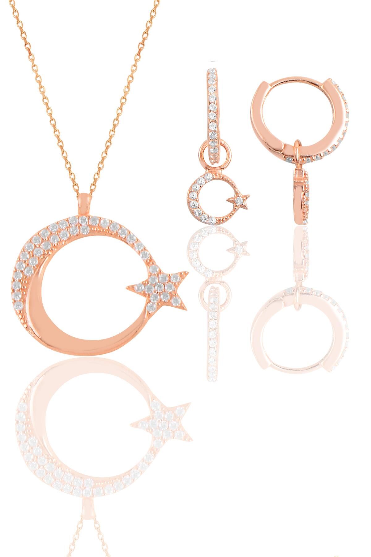 Gümüş rose zirkon taşlı ay yıldız kolye ve küpe ikili set SGTL11668ROSE