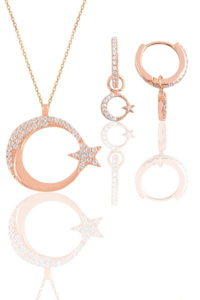 Gümüş rose zirkon taşlı ay yıldız kolye ve küpe ikili set SGTL11668ROSE