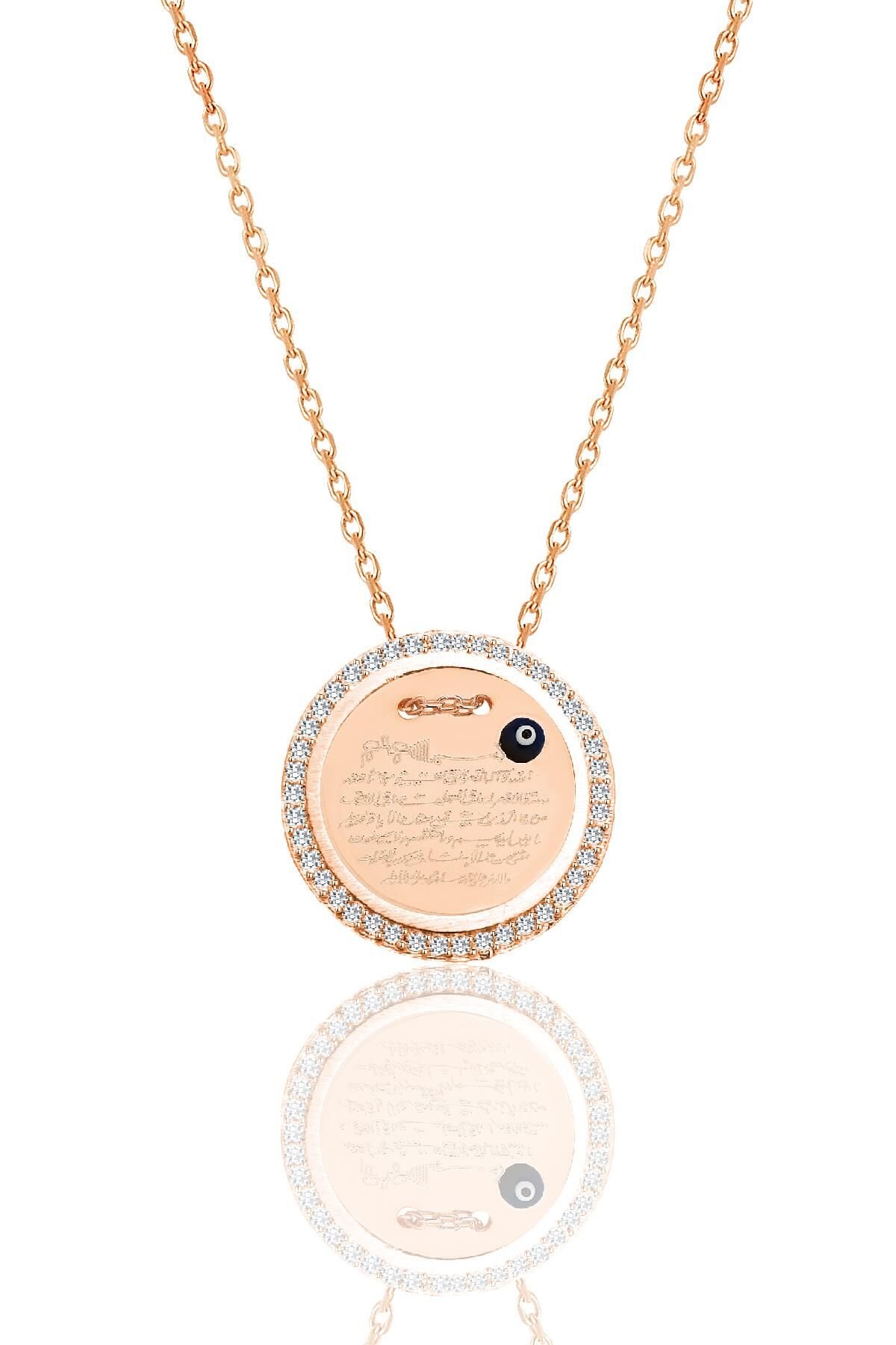 Gümüş rose zirkon taşlı Ayetel Kürsi yazılı nazarlı plaka kolye SGTL12491ROSE