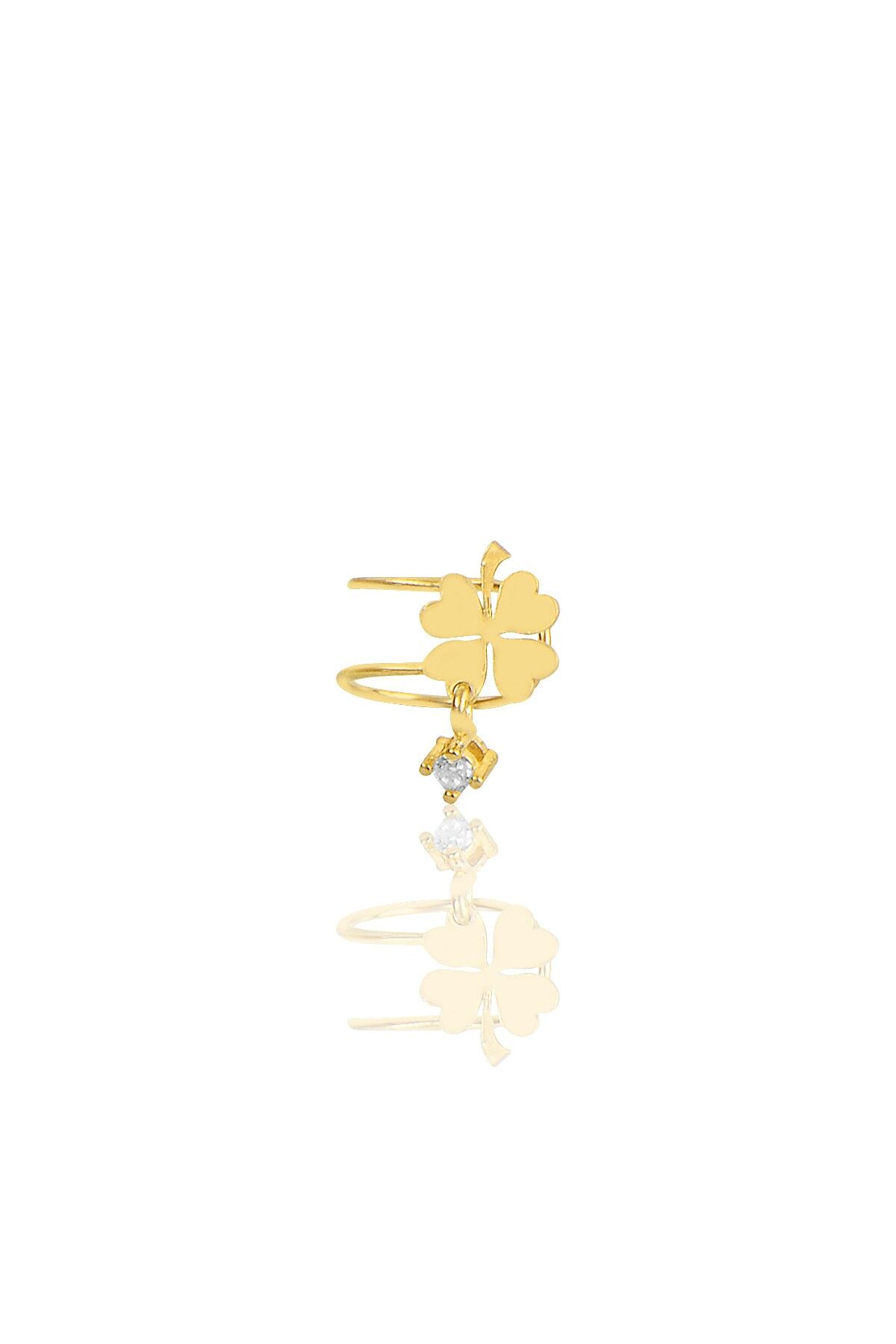 Gümüş altın yaldızlı zirkon taşlı sallantılı yonca modeli kıkırdak küpe SGTL12825GOLD