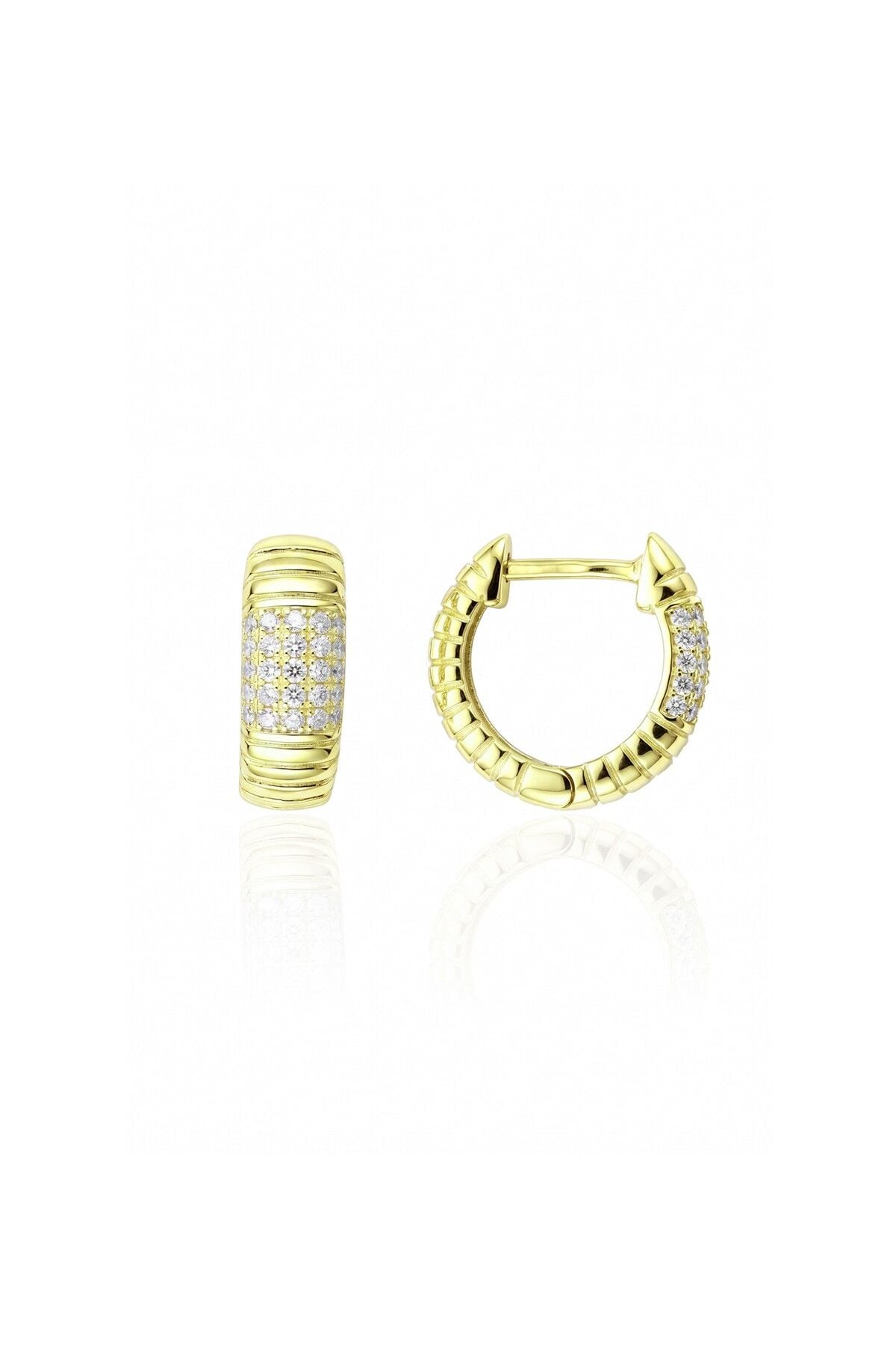 925 Ayar Gümüş Altın Kaplama Kalın Işıltılı Çizgili Pave Taş Bloklu Halka Küpe - Bombeli Çok Sıra Zirkon Taşlı Huggie Küpe SGTL13496GOLD