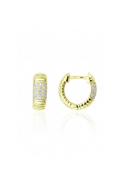 925 Ayar Gümüş Altın Kaplama Kalın Işıltılı Çizgili Pave Taş Bloklu Halka Küpe - Bombeli Çok Sıra Zirkon Taşlı Huggie Küpe SGTL13496GOLD