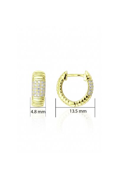 925 Ayar Gümüş Altın Kaplama Kalın Işıltılı Çizgili Pave Taş Bloklu Halka Küpe - Bombeli Çok Sıra Zirkon Taşlı Huggie Küpe SGTL13496GOLD