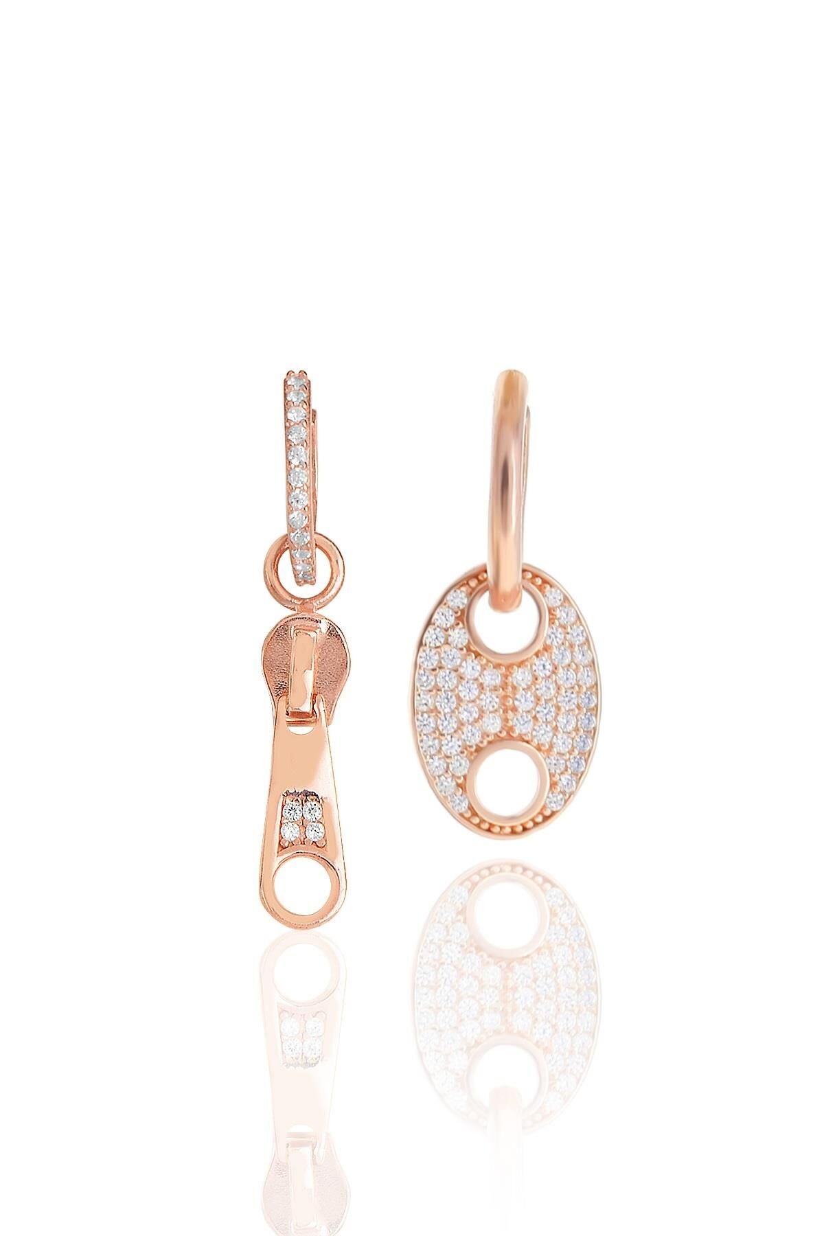 Gümüş rose zirkon taşlı fermuar ve düğme kombin küpe SGTL11672ROSE