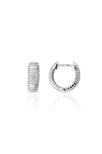 925 Ayar Gümüş Kalın Işıltılı Çizgili Pave Taş Bloklu Halka Küpe - Bombeli Çok Sıra Zirkon Taşlı Huggie Küpe SGTL13496RODAJ