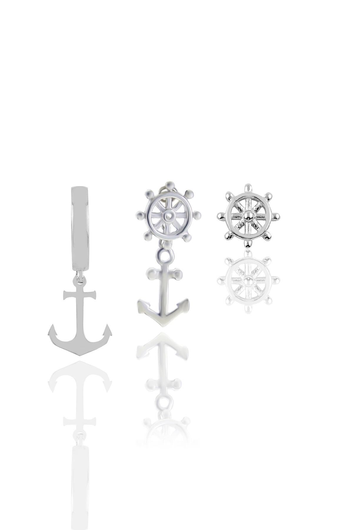 Gümüş rodyumlu denizci  kombin üçlü küpe seti SGTL11673RODAJ