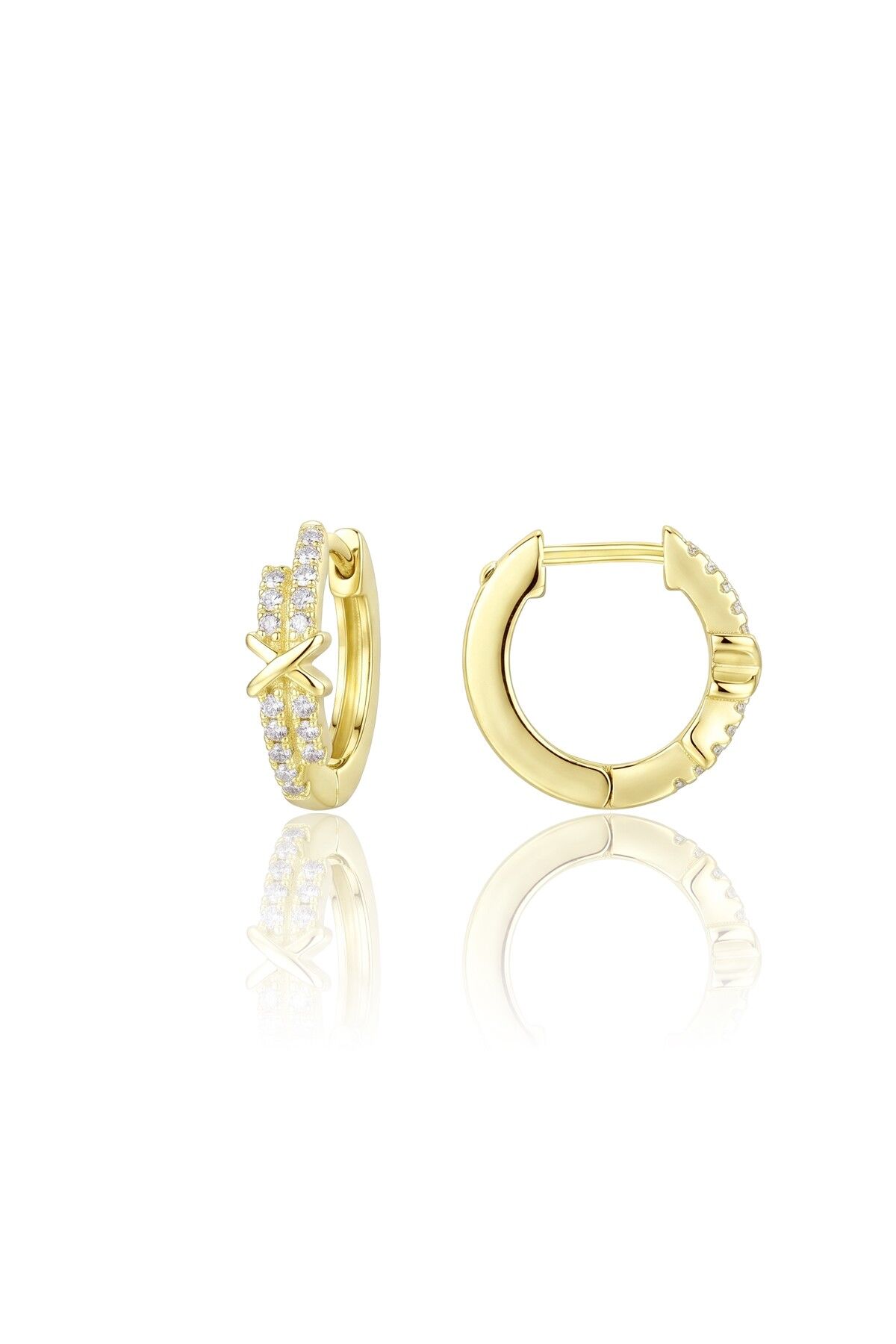 925 Ayar Gümüş Altın Kaplama Çapraz Bantlı Taşlı Halka Küpe - Zirkon Huggie Kadın Küpe SGTL13498GOLD