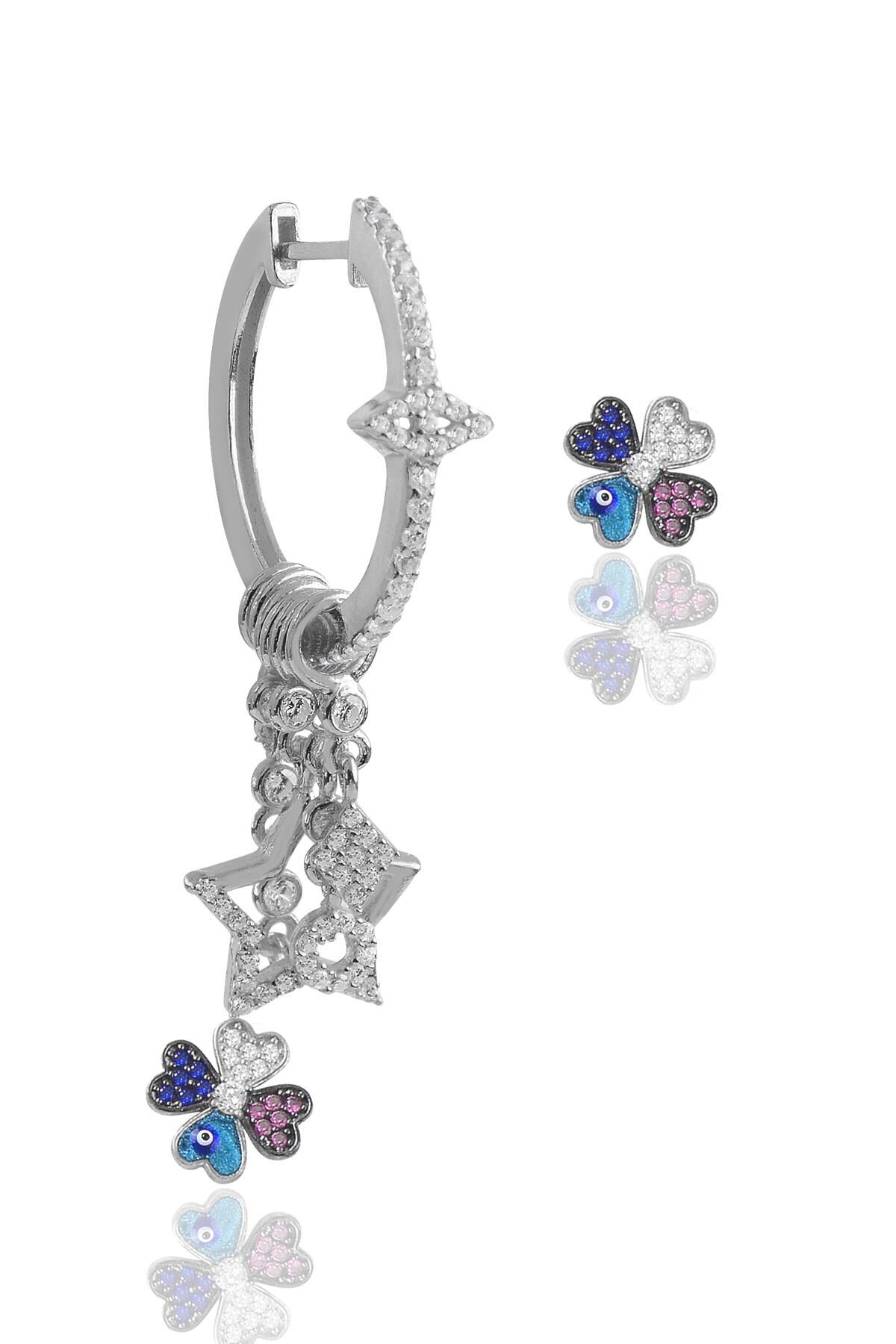 Gümüş rodyumlu zirkon taşlı mineli yonca şans küpe SGTL11675RODAJ