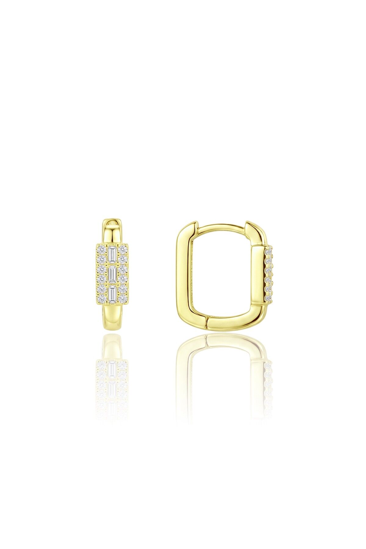 925 Ayar Gümüş Altın Kaplama Işıltılı Baget Taşlı Dikdörtgen Küpe - Köşeli Zirkon Huggie Kadın Küpe SGTL13499GOLD