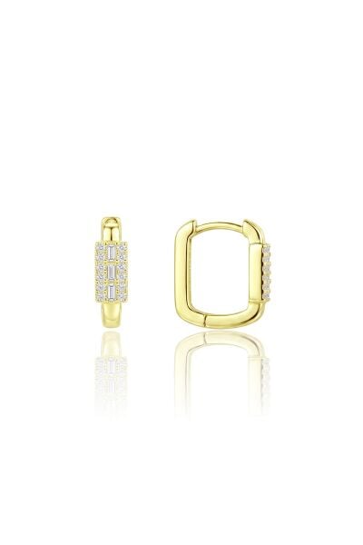 925 Ayar Gümüş Altın Kaplama Işıltılı Baget Taşlı Dikdörtgen Küpe - Köşeli Zirkon Huggie Kadın Küpe SGTL13499GOLD