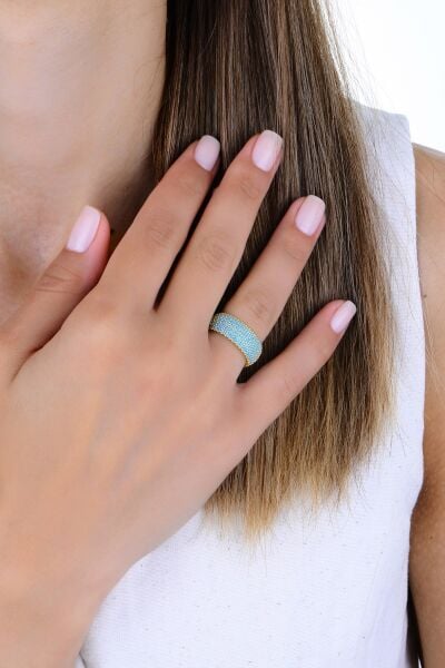 Gümüş altın yaldızlı turkuaz taşlı 5 sıra tamtur yüzük