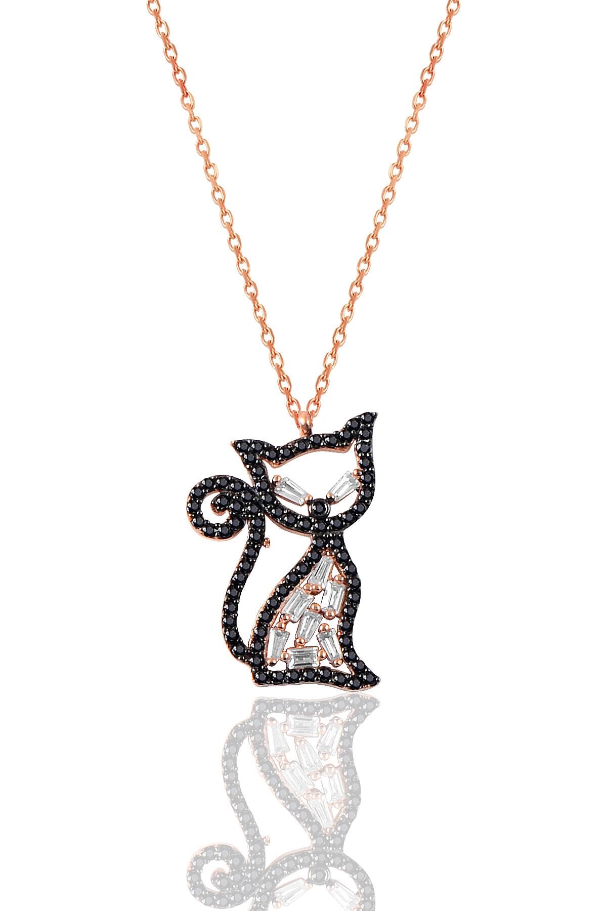 Gümüş baget taşlı kedi modeli kolye SGTL9566
