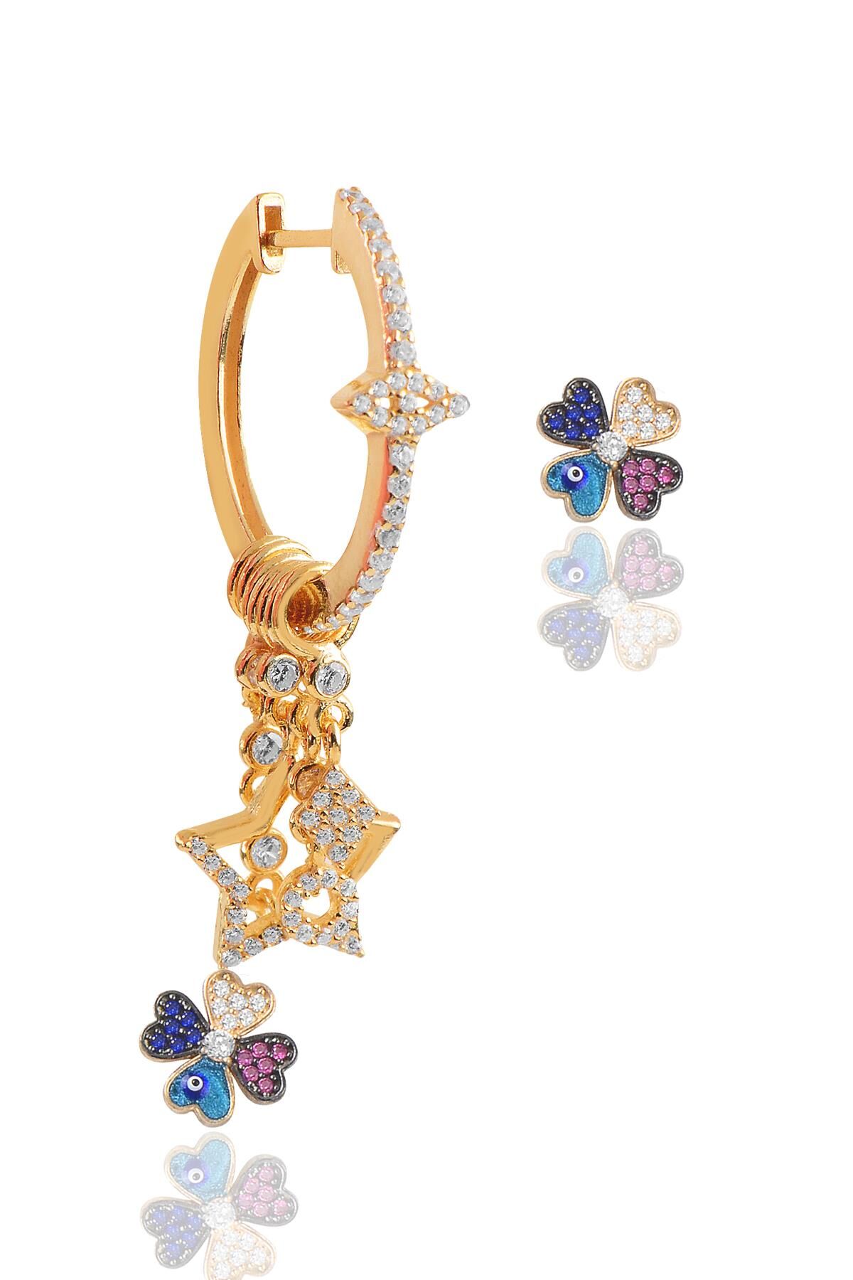 Gümüş rose zirkon taşlı mineli yonca şans küpe SGTL11675ROSE