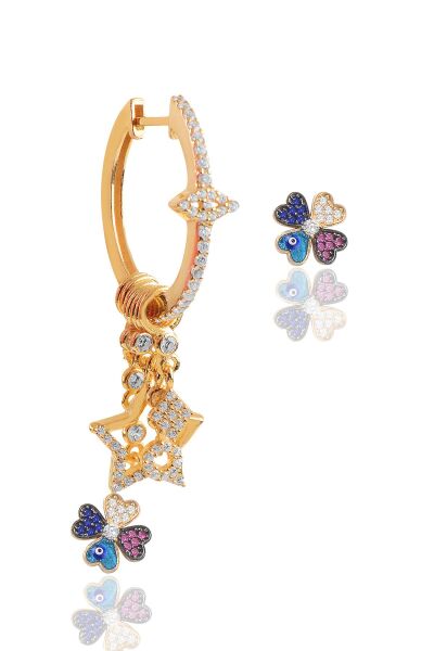 Gümüş rose zirkon taşlı mineli yonca şans küpe SGTL11675ROSE