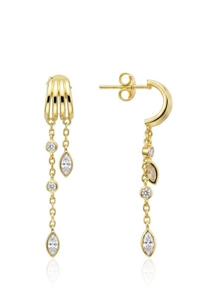 925 Ayar Gümüş Küpe Altın Kaplama Çift Zincirli Kaburga Detaylı Sallantılı Taşlı Zincir Küpe SGTL13500GOLD