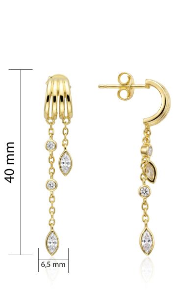 925 Ayar Gümüş Küpe Altın Kaplama Çift Zincirli Kaburga Detaylı Sallantılı Taşlı Zincir Küpe SGTL13500GOLD