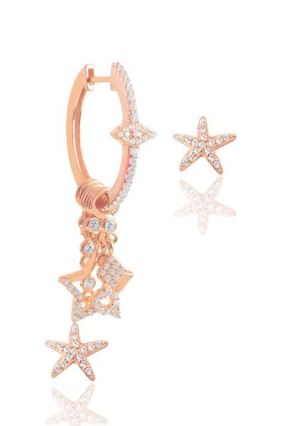 Gümüş rose zirkon taşlı deniz yıldızı şans küpe SGTL11676ROSE