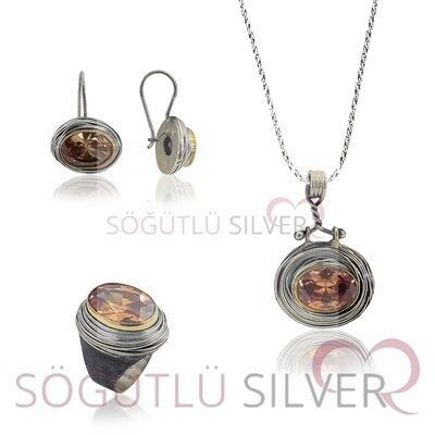 Sarmalı  Sitrin Taşlı Gümüş Üçlü Set SGTL3440