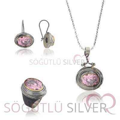 Sarmalı Pembe kuvarsTaşlı Gümüş Üçlü Set SGTL3441