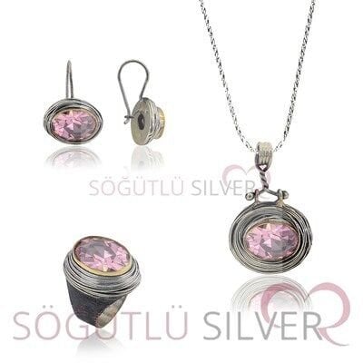 Sarmalı Pembe kuvarsTaşlı Gümüş Üçlü Set SGTL3441