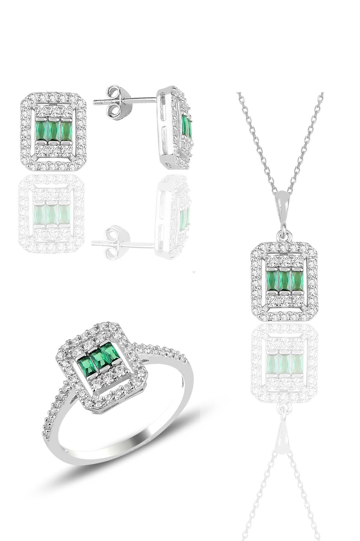 Gümüş beyaz altın rodyumlu baget kesim kök zümrüt taşlı çizgili üçlü set SGTL11561YESIL
