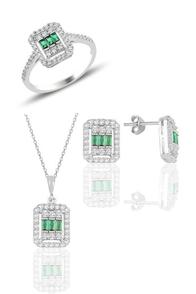 Gümüş beyaz altın rodyumlu baget kesim kök zümrüt taşlı çizgili üçlü set SGTL11561YESIL