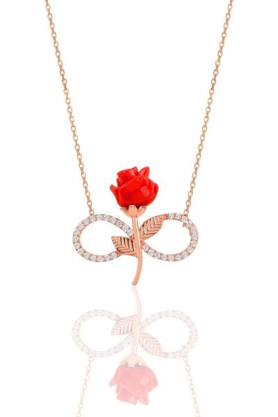 Gümüş rose kırmızı gül sonsuzluk kolye SGTL10896ROSE