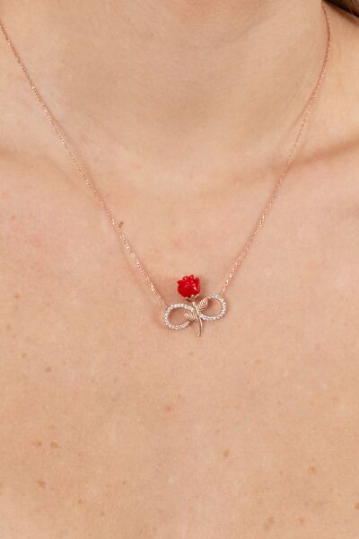Gümüş rose kırmızı gül sonsuzluk kolye SGTL10896ROSE