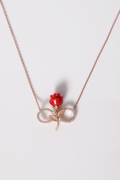 Gümüş rose kırmızı gül sonsuzluk kolye SGTL10896ROSE