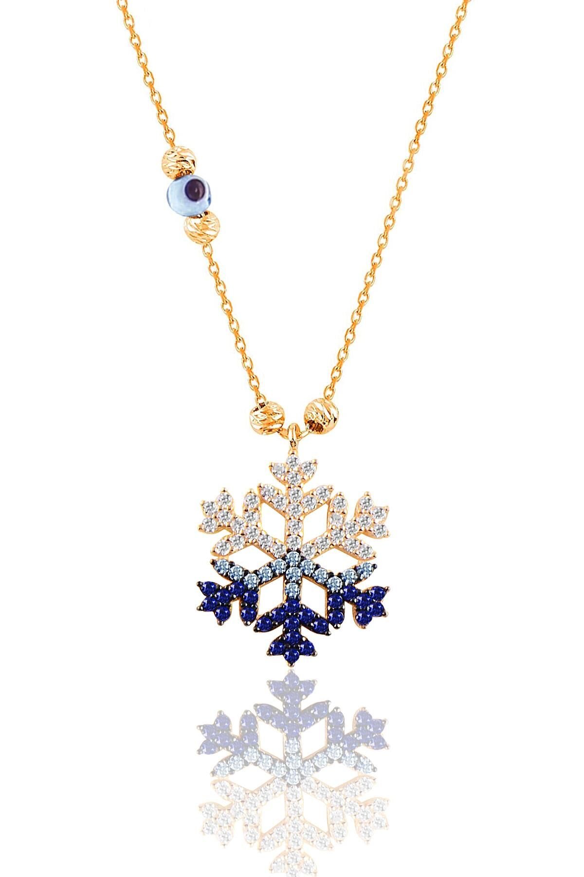 Gümüş altın yaldızlı zirkon taşlı  nazar boncuklu kar tanesi kolye SGTL11662GOLD