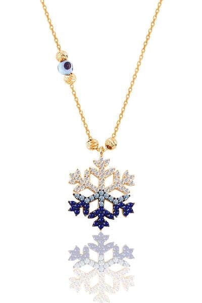 Gümüş altın yaldızlı zirkon taşlı  nazar boncuklu kar tanesi kolye SGTL11662GOLD