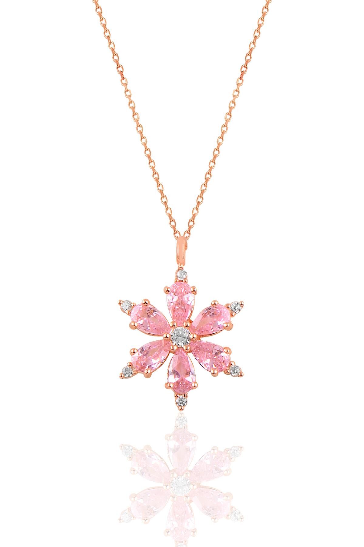 Gümüş rose pembe taşlı kar tanesi kolye SGTL10898PNB