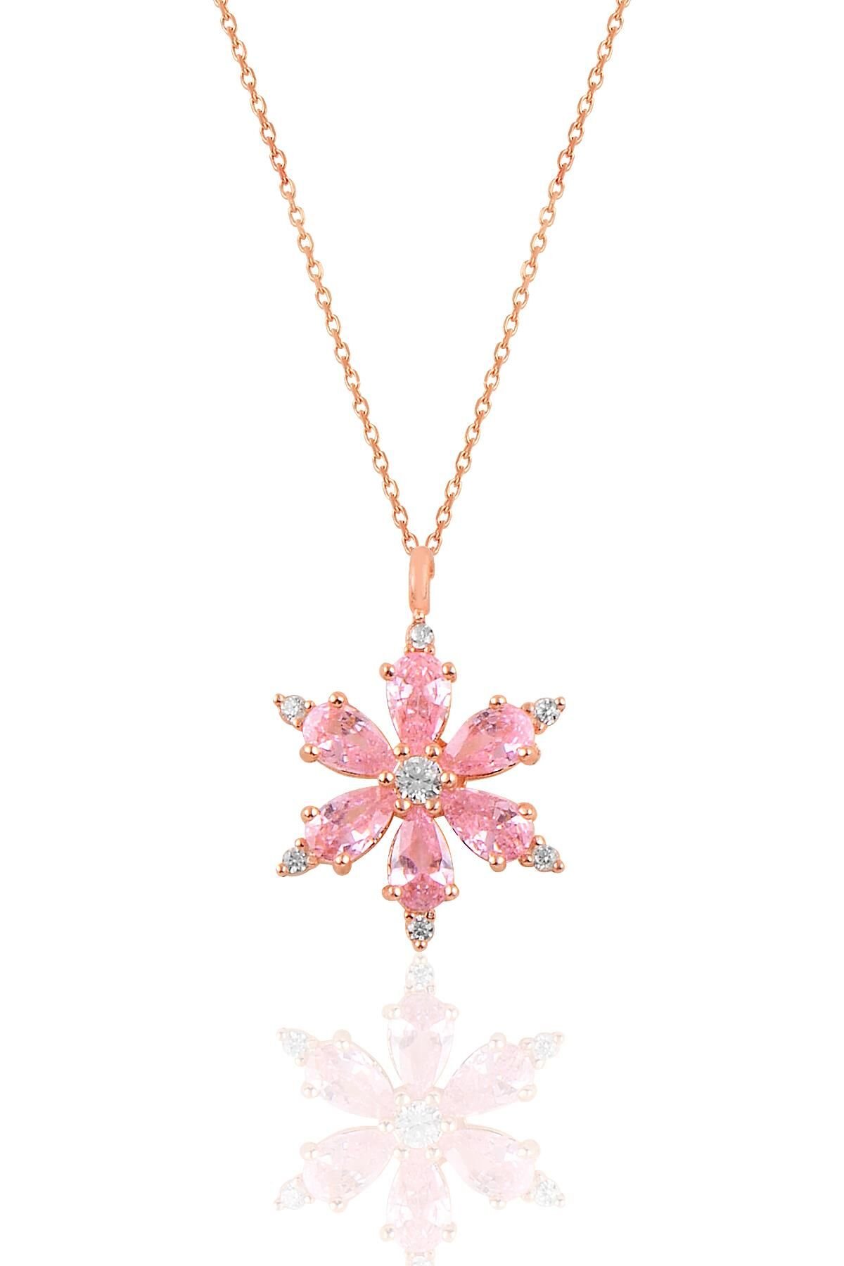 Gümüş rose pembe taşlı kar tanesi kolye SGTL10898PNB