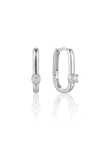925 Ayar Gümüş Küpe Dikdörtgen Tektaş Halka Küpe - Zirkon U Model Huggie Kadın Küpe SGTL13503RODAJ