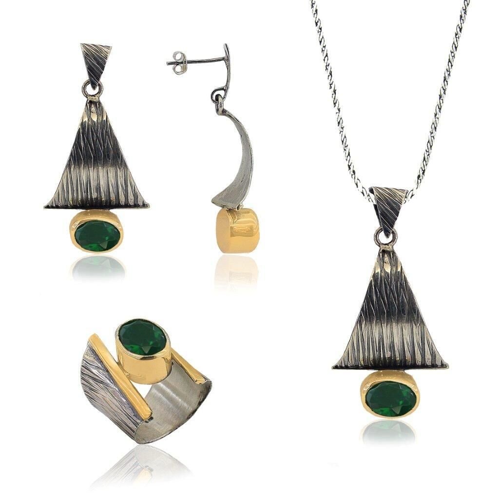 Alangoya Modeli kök zümrüt Taşlı Gümüş Üçlü Set SGTL3447