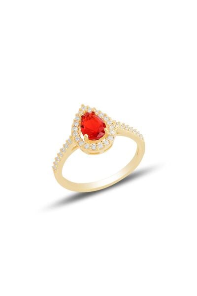 Gümüş altın yaldızlı kırmızı taşlı damla modeli yüzük SGTL11519KIRMIZI