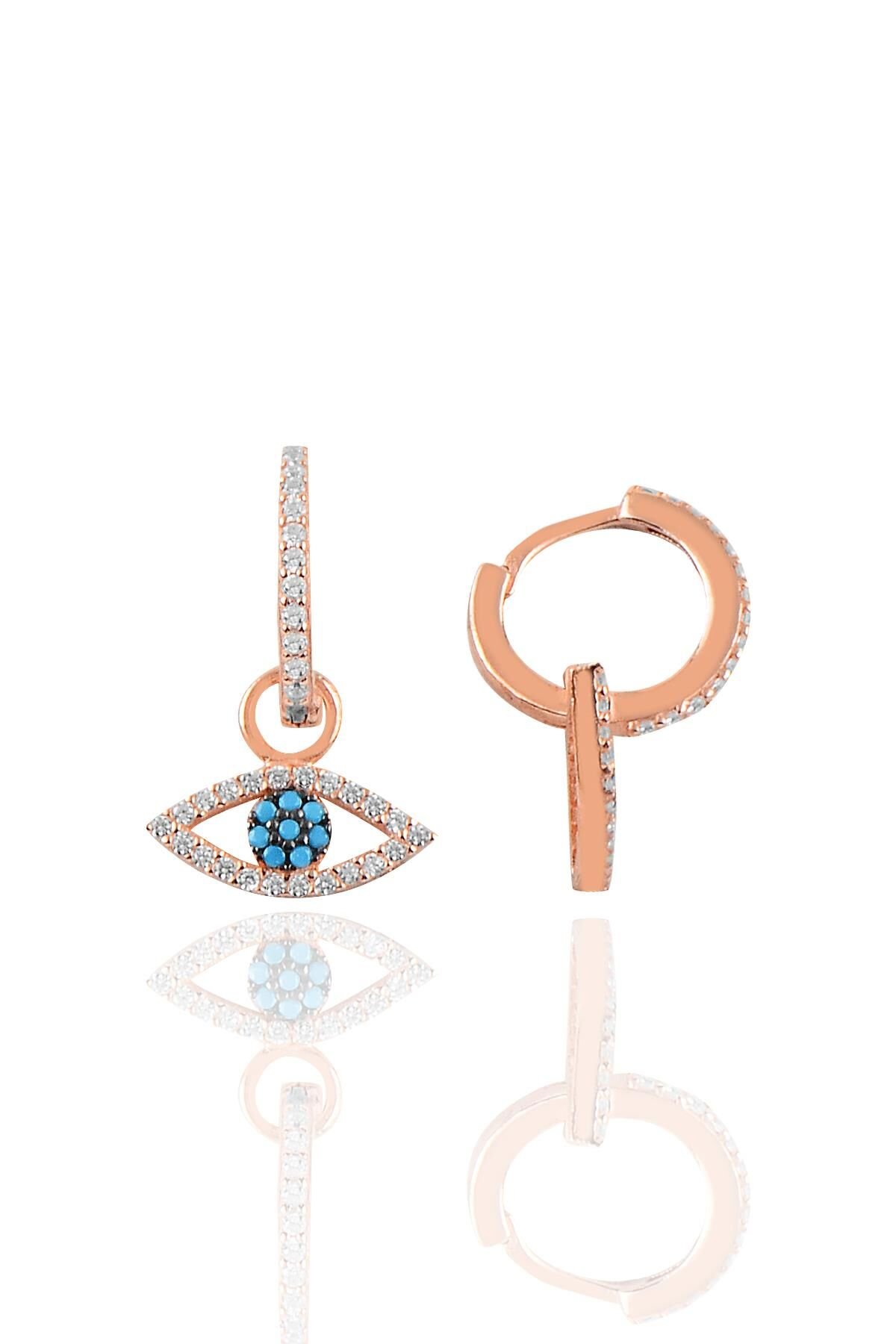 Gümüş rose mekik göz modeli turkuaz taşlı halka küpe SGTL10184MKKT