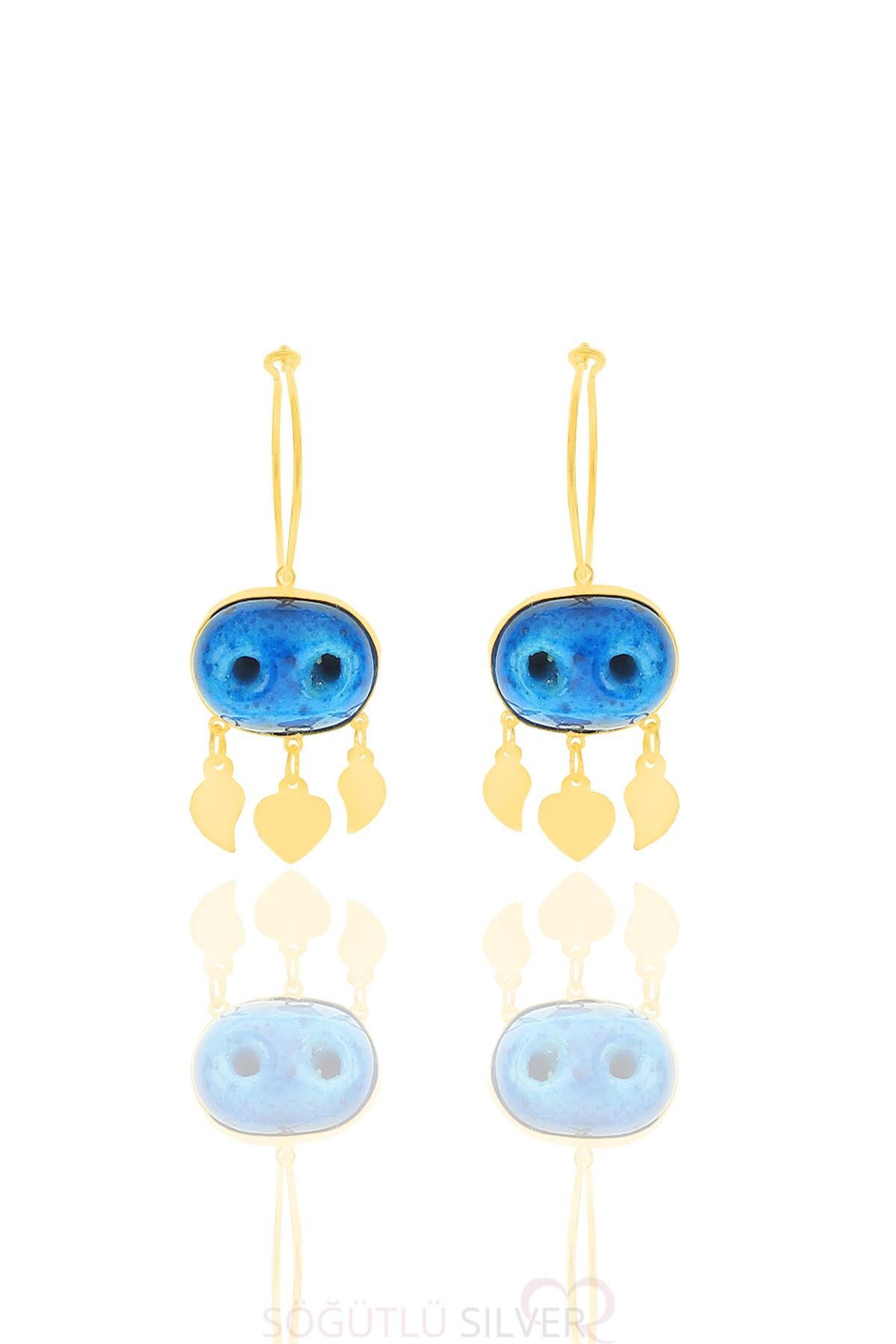 Gümüş altın yaldızlı süryani nazar boncuğu küpe SGTL11660GOLD