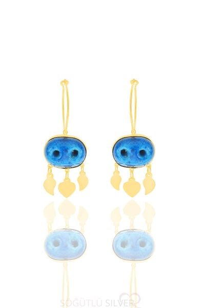 Gümüş altın yaldızlı süryani nazar boncuğu küpe SGTL11660GOLD