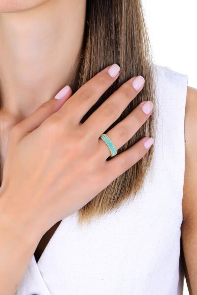 Gümüş altın yaldızlı turkuaz taşlı 3 sıra tamtur yüzük