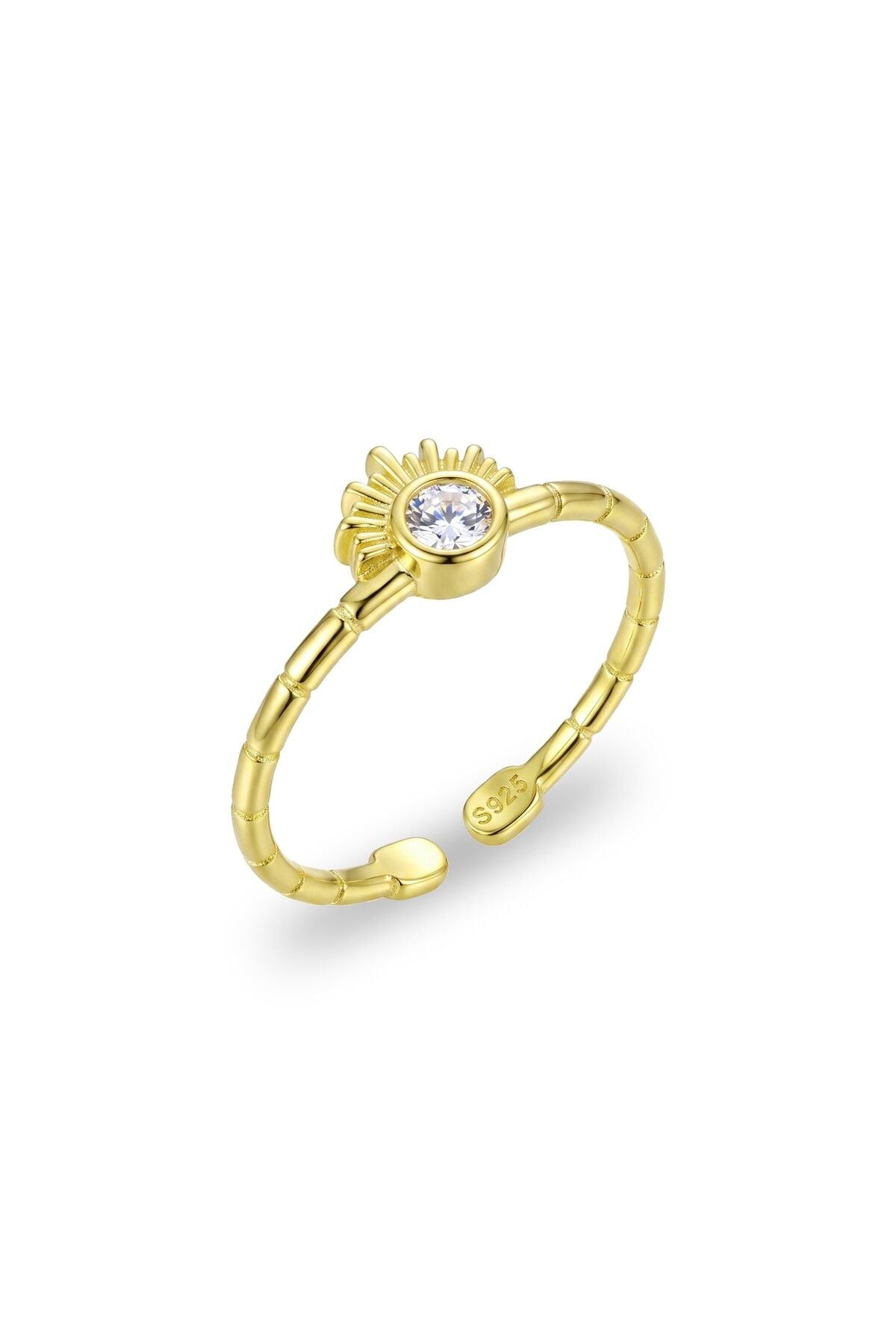 925 Ayar Gümüş Yüzük Altın Kaplama Güneş Motifli Zirkon Taşlı Yüzük - Ayarlanabilir Minimal Kadın Yüzük SGTL13507GOLD