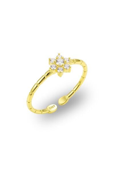 925 Ayar Gümüş Yüzük Altın Kaplama Çiçek Motifli Zirkon Taşlı Yüzük - Ayarlanabilir Minimal Kadın Yüzük SGTL13508GOLD