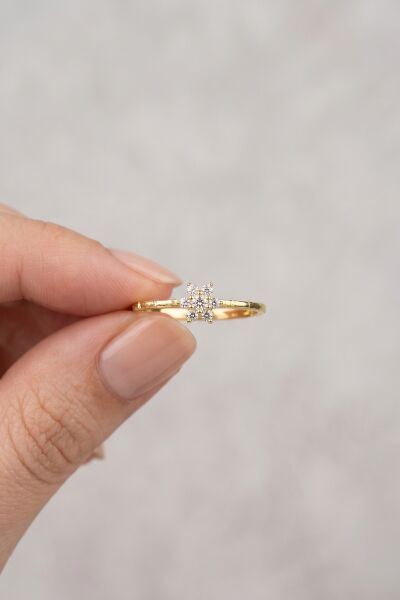 925 Ayar Gümüş Yüzük Altın Kaplama Çiçek Motifli Zirkon Taşlı Yüzük - Ayarlanabilir Minimal Kadın Yüzük SGTL13508GOLD