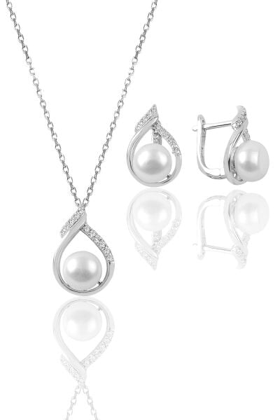 Gümüş inci ve zirkon taşlı ikili set SGTL9590