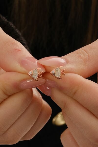 Gümüş rose baget kesim zirkon taşlı balık modeli küpe SGTL12826ROSE