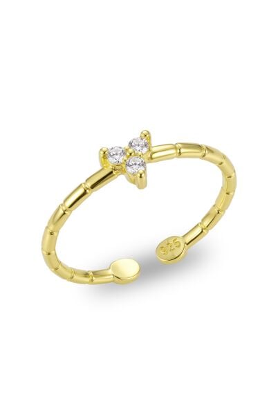 925 Ayar Gümüş Yüzük Altın Kaplama Tria / Üçtaş Zirkon Yüzük - Ayarlanabilir Minimal Kadın Yüzük SGTL13510GOLD
