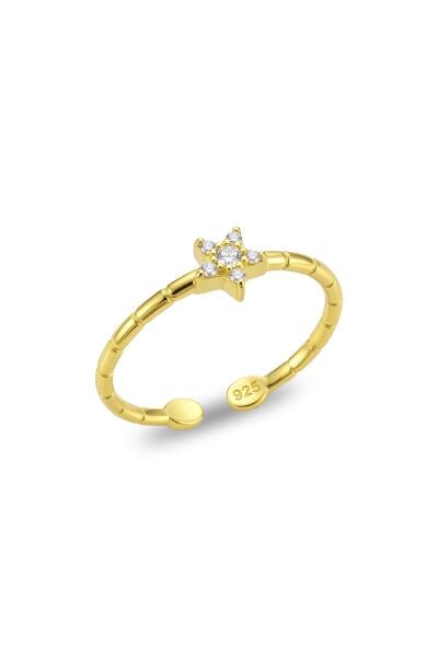925 Ayar Gümüş Yüzük Altın Kaplama Yıldız Motifli Zirkon Taşlı Yüzük - Ayarlanabilir Minimal Kadın Yüzük SGTL13511GOLD